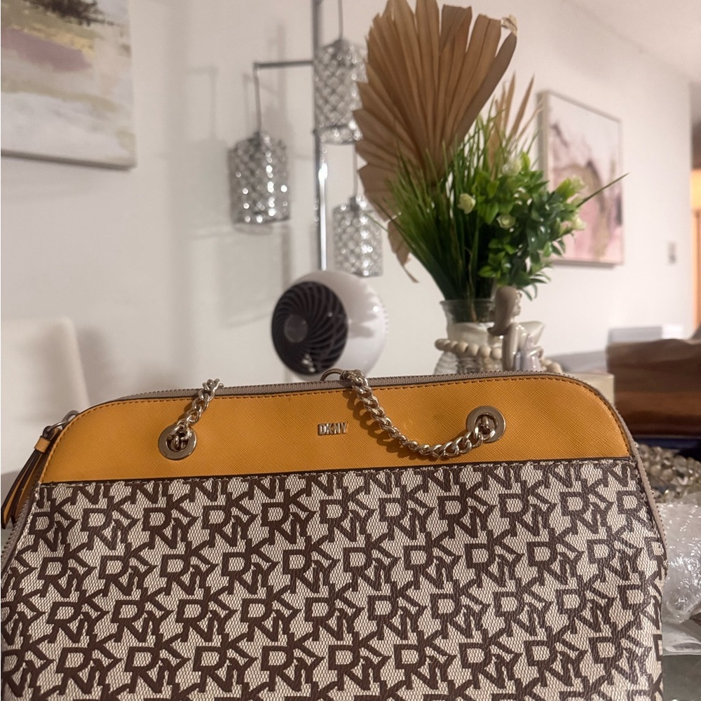 DKNY Brown Monogram Shoulder Bag with Yellow Trim and Chain Strap